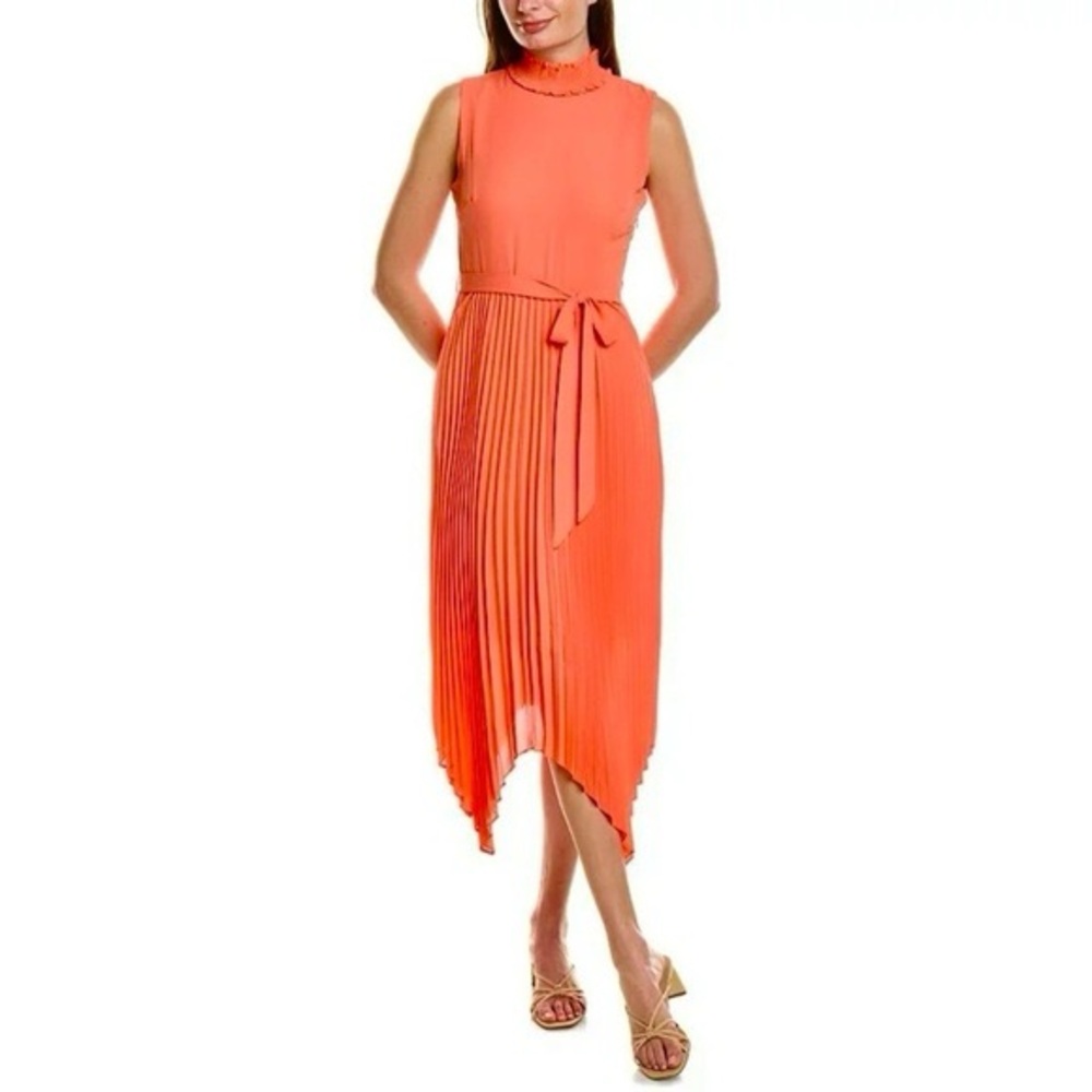 NANETTE LEPORE Belted Accordion Pleated Vivid Coral Midi